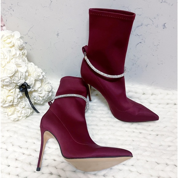 Jimmy Choo Shoes - Authentic Jimmy Choo Stunning Maroon & Crystal 90mm Leroy Heeled Boots